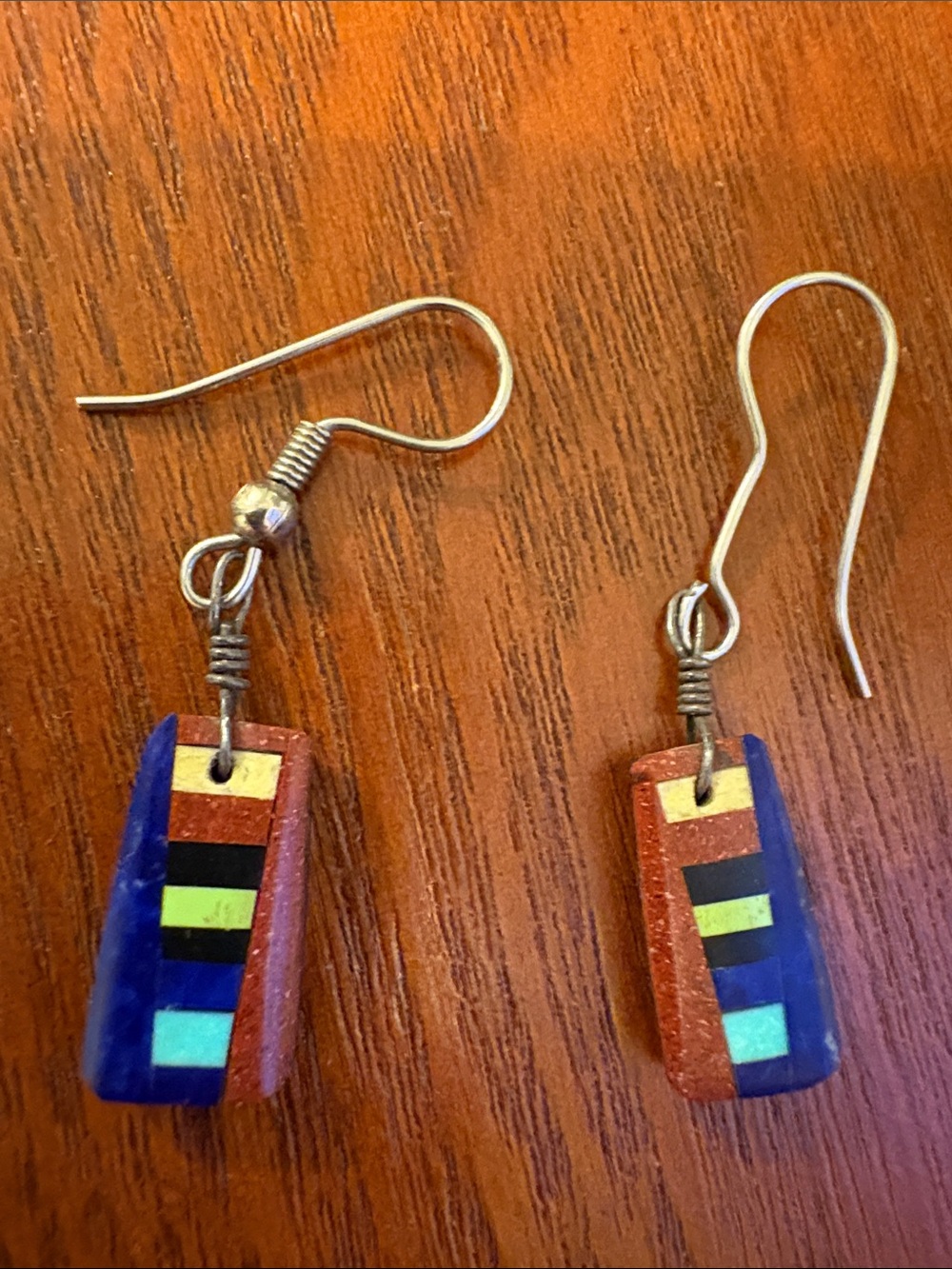 Blue Multi-Color Inlay Dangle Earrings - Picture 2 of 7